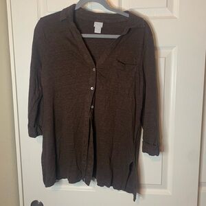 Chico’s Chocolate Brown 3/4 Sleeve 100% Linen Button-Up Shirt Size 1/M